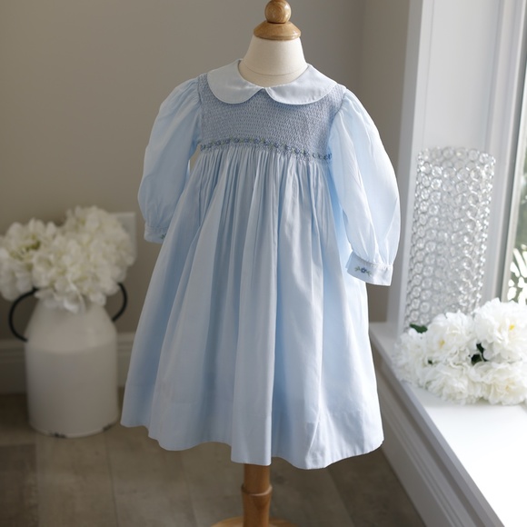Strasburg Dress Long Sleeve Light Blue Hand Smocked Embroidery Like New - Picture 3 of 6